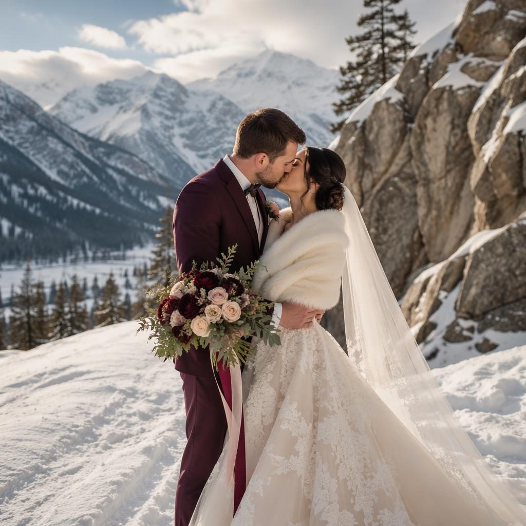 Bride and groom share a first kiss in an urban industrial loft with winter alpine snow outside, in soft pastel burgundy and gold tones.