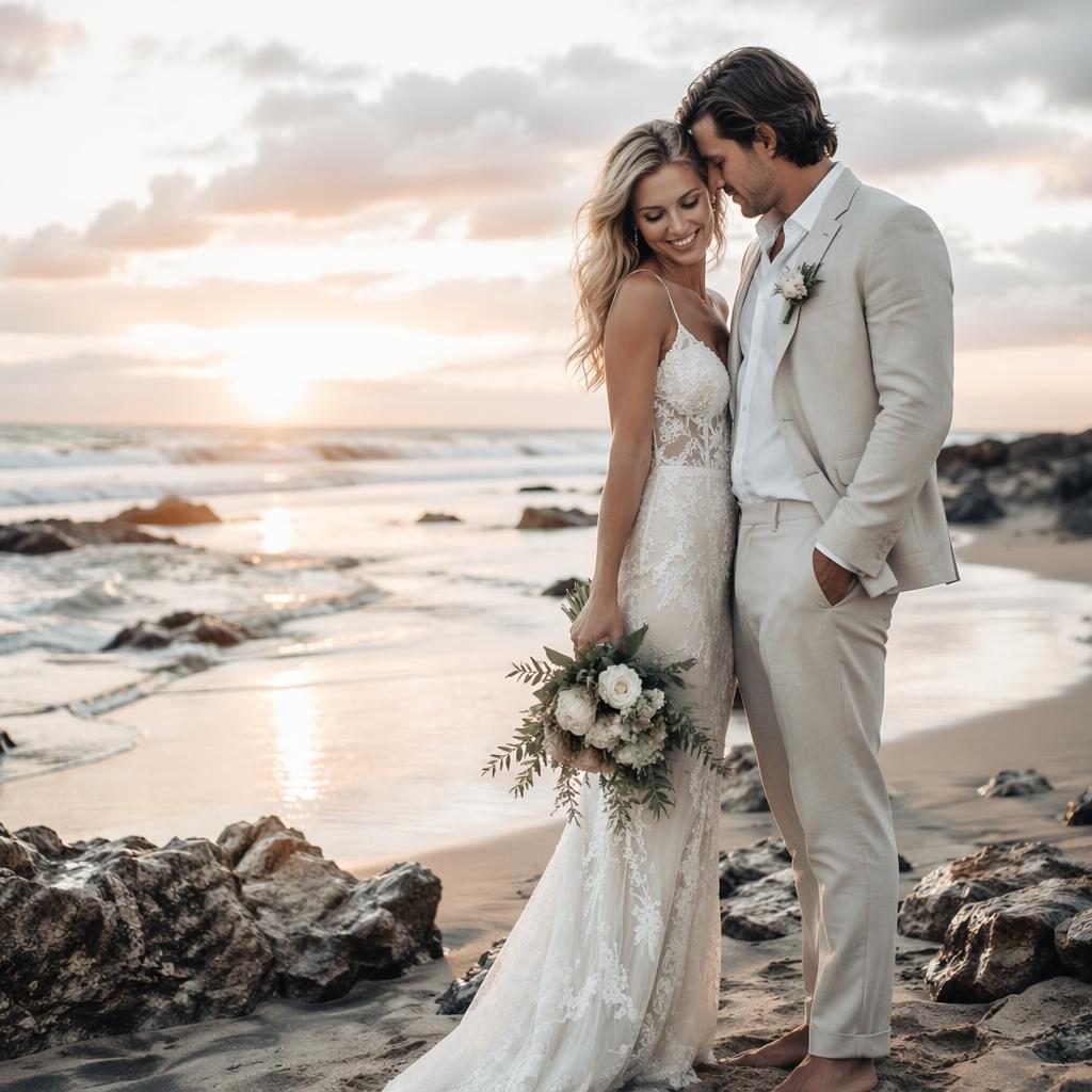 Barefoot couple at a beach sunset ceremony holding sparklers, styled with light airy tones and editorial wedding framing.