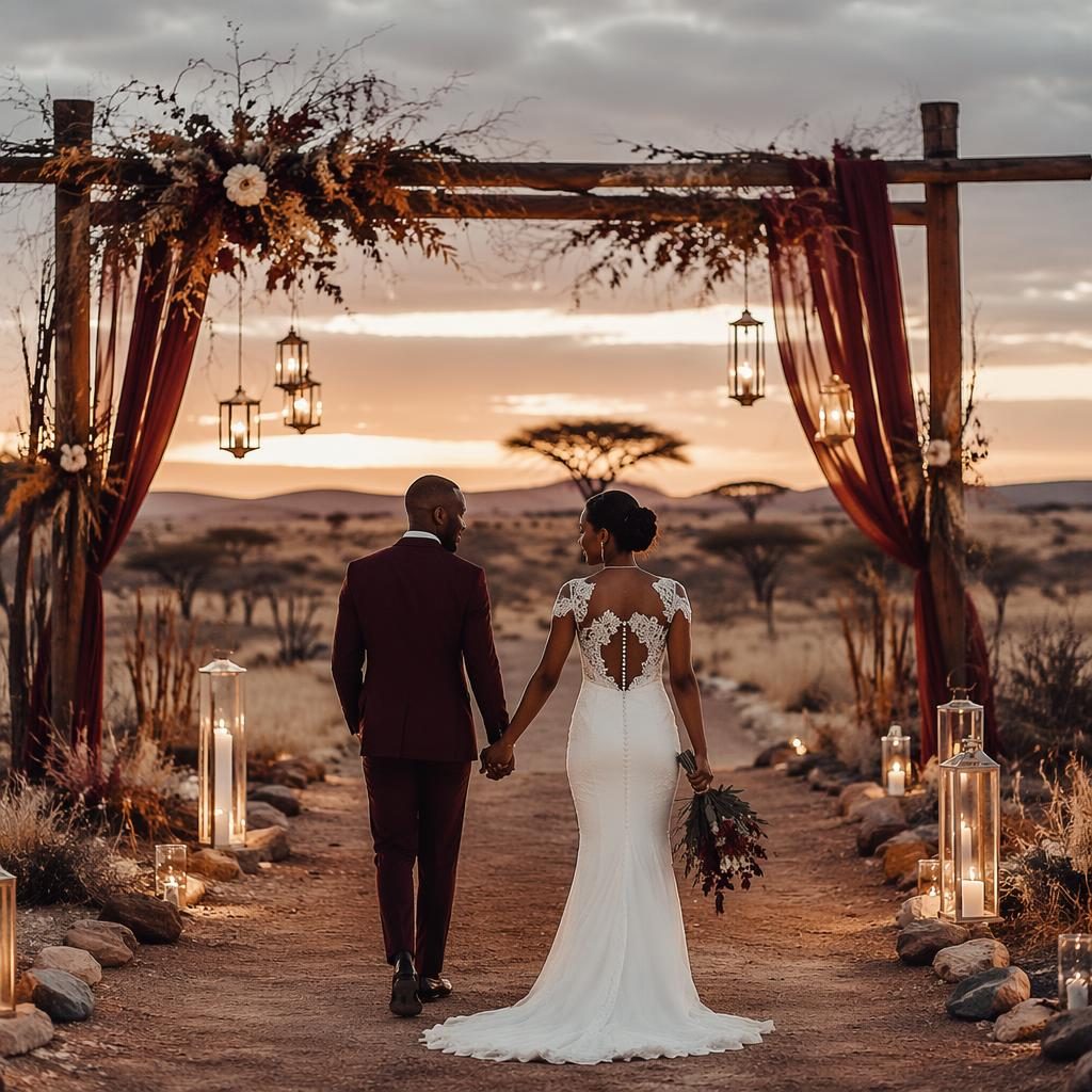Minimalistischer Hochzeitsempfang am Wüsteneingang bei Sonnenuntergang, Pastelltöne, Burgunder und Gold, Safari-Stimmung