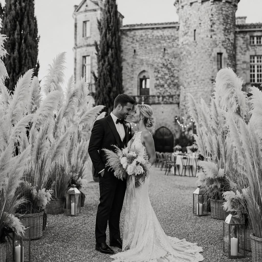 Black and white wedding photo of a couple at a château entrance with bohemian pampas grass decor in late summer.