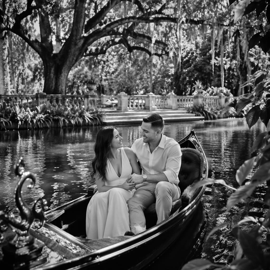 Black-and-white editorial-style couple cutting a wedding cake in a lush garden, with an intimate Venice gondola feel.