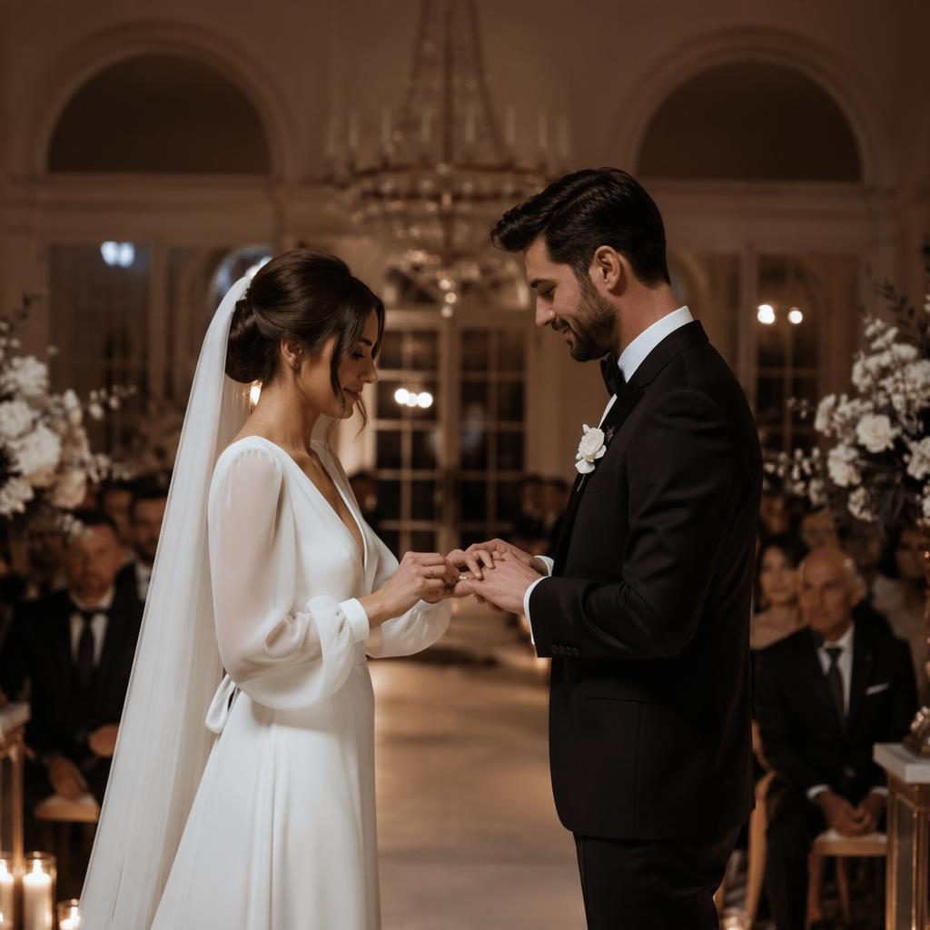 Échange des alliances lors d’un mariage dans une salle de bal élégante, cérémonie blanche minimaliste, lumière chaude du coucher de soleil.