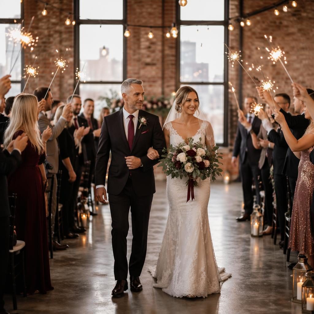 Un père accompagne la mariée dans l’allée d’un loft industriel, lumière naturelle, tons bordeaux et or, ambiance mariage.