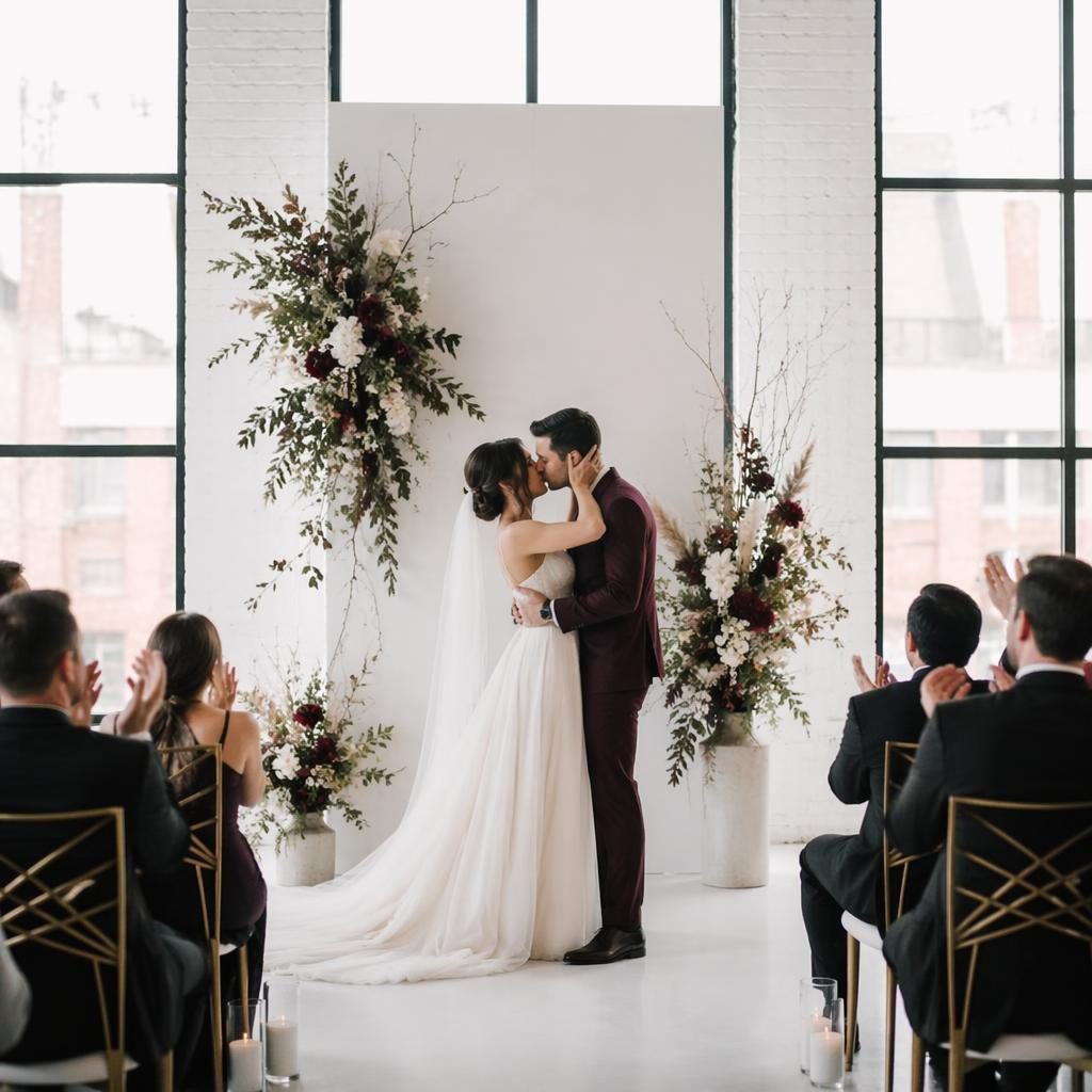 Primer beso de boda en un loft industrial urbano, ceremonia blanca minimalista, luz natural y tonos burdeos y dorado.