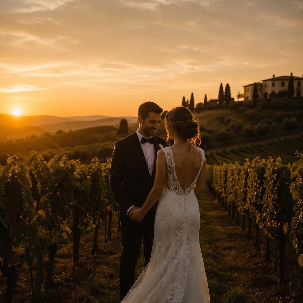 Couple sharing a first look in an elegant ballroom overlooking a Tuscan vineyard at sunset, with dark moody tones.