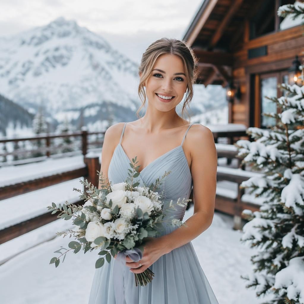 Bridesmaid portrait at a snowy alpine chalet wedding, featuring a light airy scene with icy tones and natural light