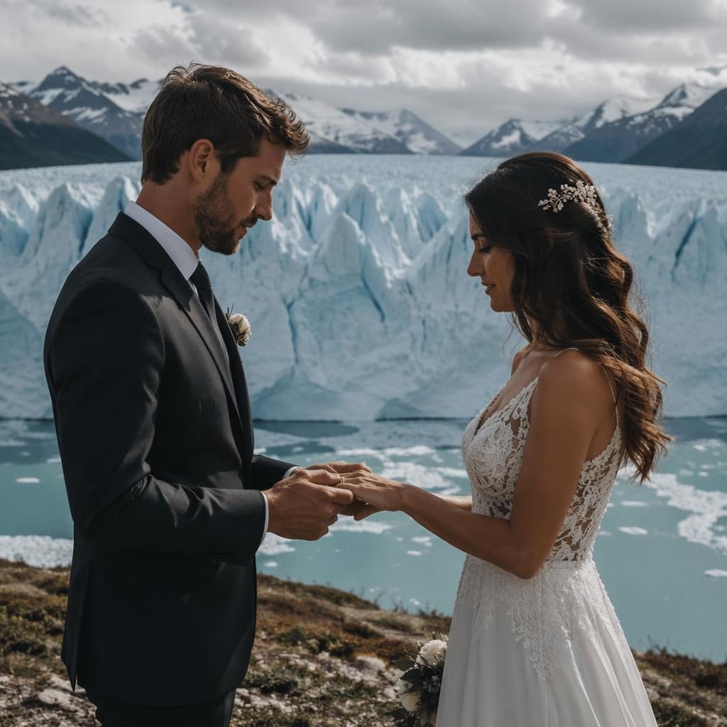 Intercambio de anillos de novios frente al océano en acantilado, con paisaje glaciar dramático y luz natural de primavera.