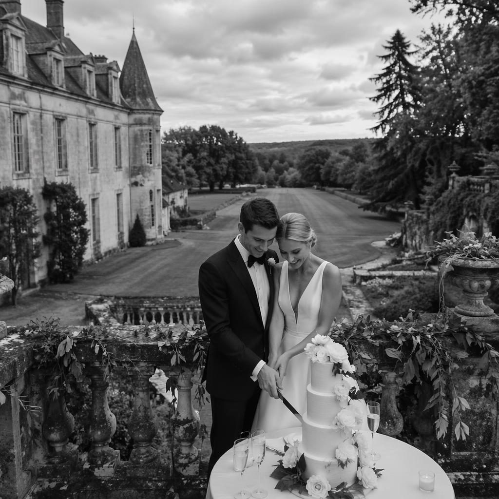 Black and white wedding photo of a couple cutting cake in a rustic barn with natural light and elegant editorial styling.