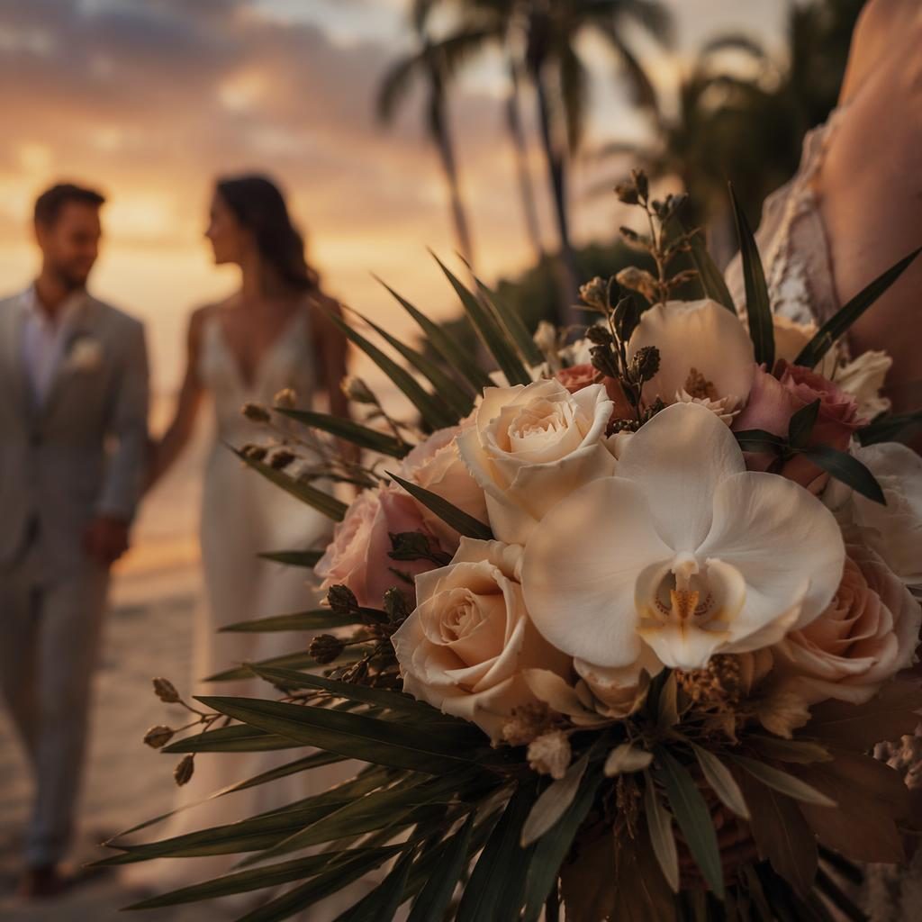 Close-up of a wedding flower bouquet at a tropical resort during sunset, with dark moody tones and warm natural light.