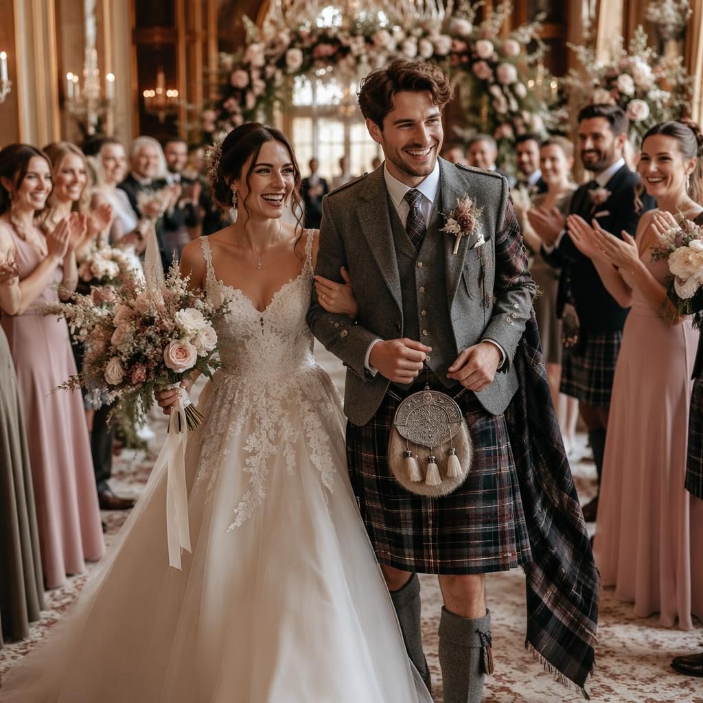 Couple de mariés en sortie de cérémonie dans un décor de salle de bal élégante, lumière naturelle et tons rose poudré.