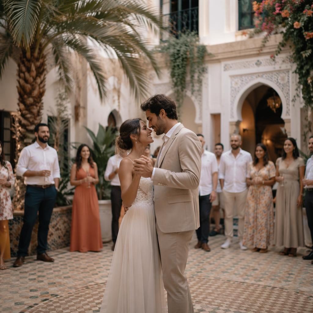 Bride and groom share a first dance in a Moroccan riad courtyard at an intimate late-summer backyard wedding.