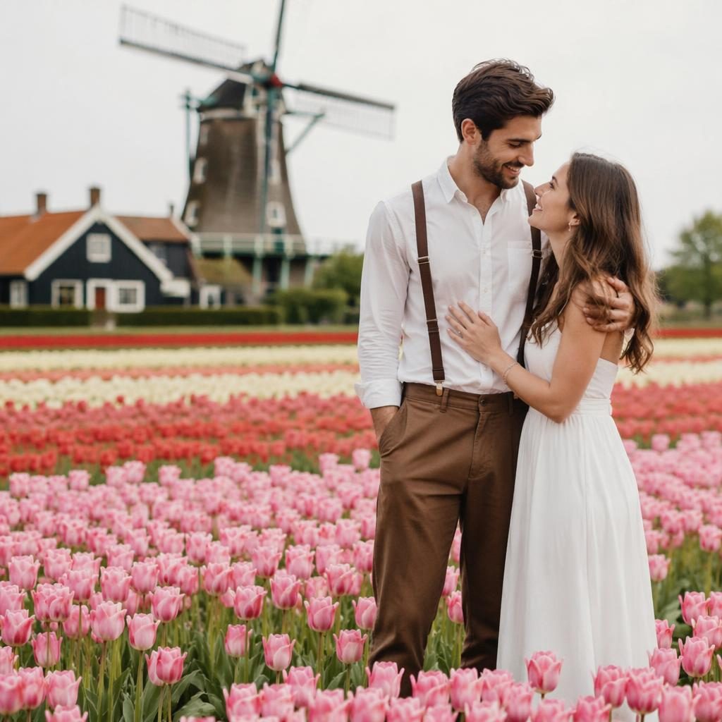 Couple cutting a wedding cake in a spring tulip field garden with sage and white styling, natural light, timeless editorial look.