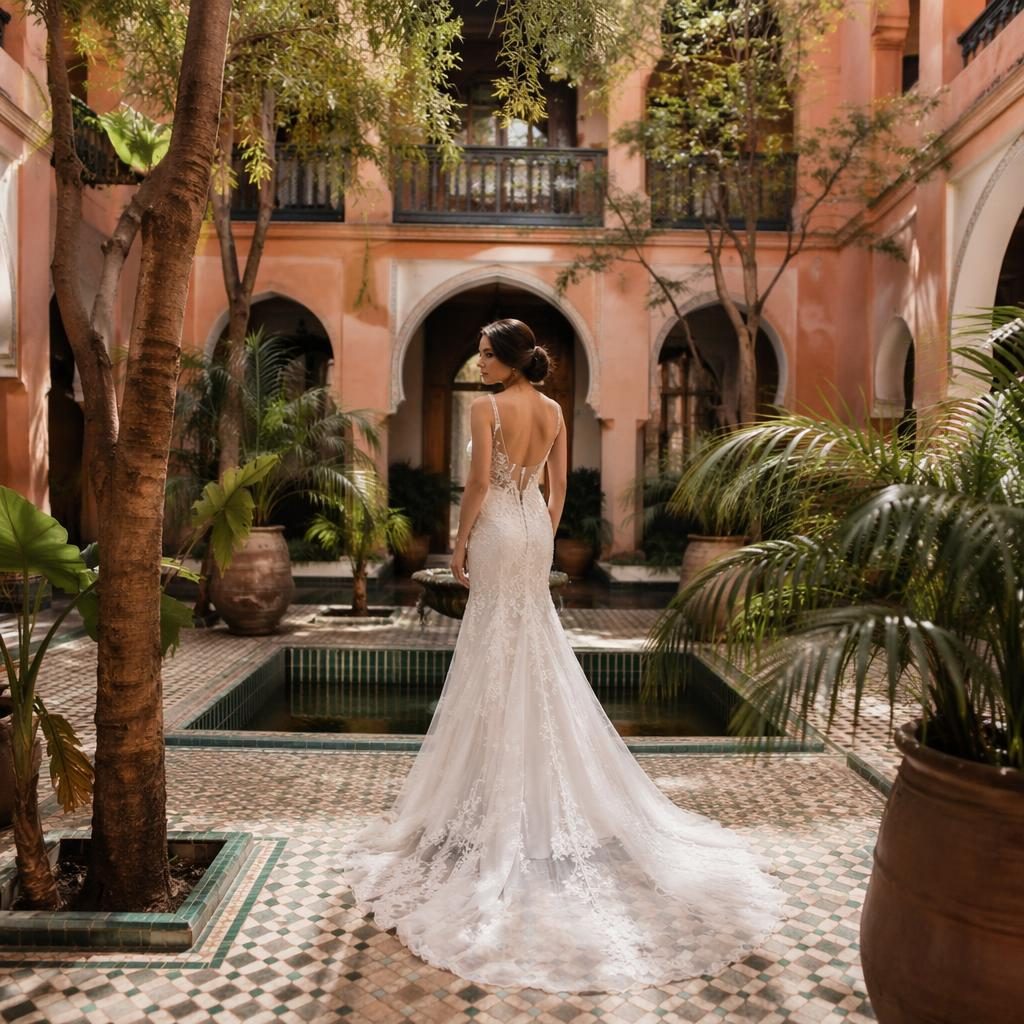 Bride and groom exchange rings in a Moroccan riad courtyard with autumn tones, natural light, and elegant documentary style.