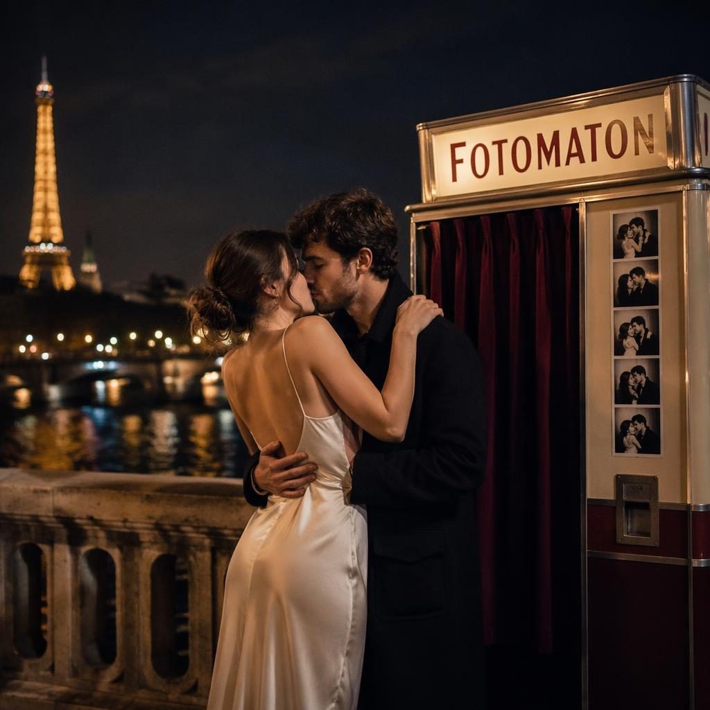 Pareja de novios dándose el primer beso de noche en un puente del Sena, con luz natural suave y tonos burdeos y dorado.