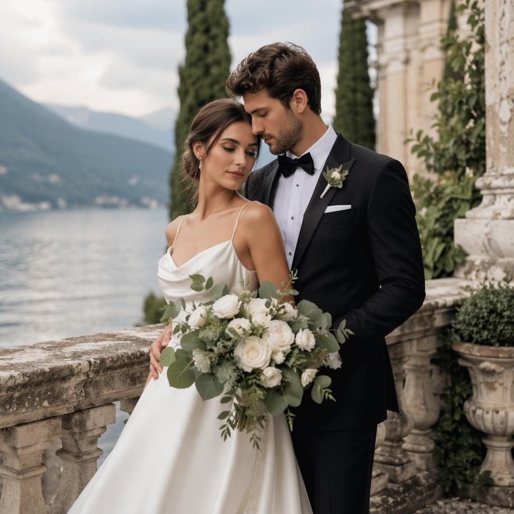 Couple in wedding attire posing on a Lake Como villa balcony with sage and white styling, natural light, and timeless editing.