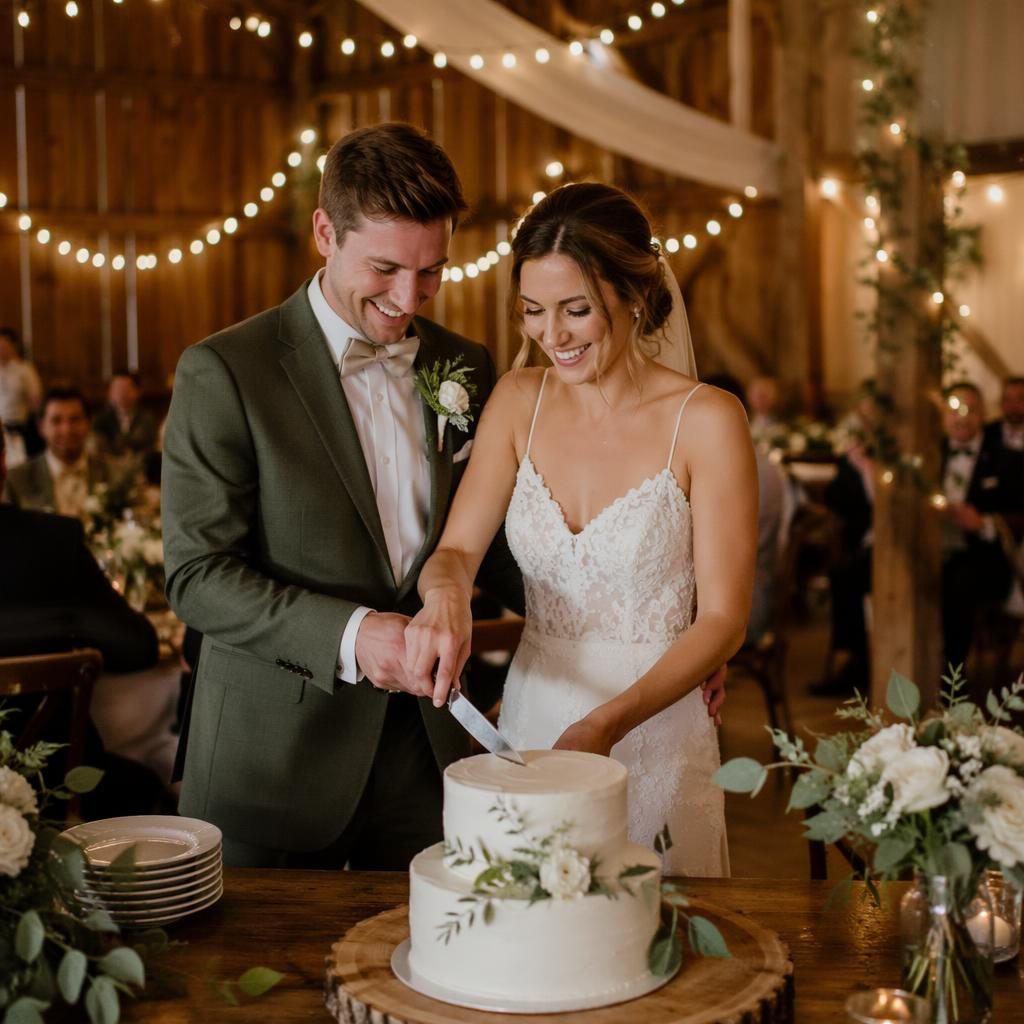 Couple cutting wedding cake in a château venue with rustic barn fairy lights, autumn decor, and a sage and white palette.