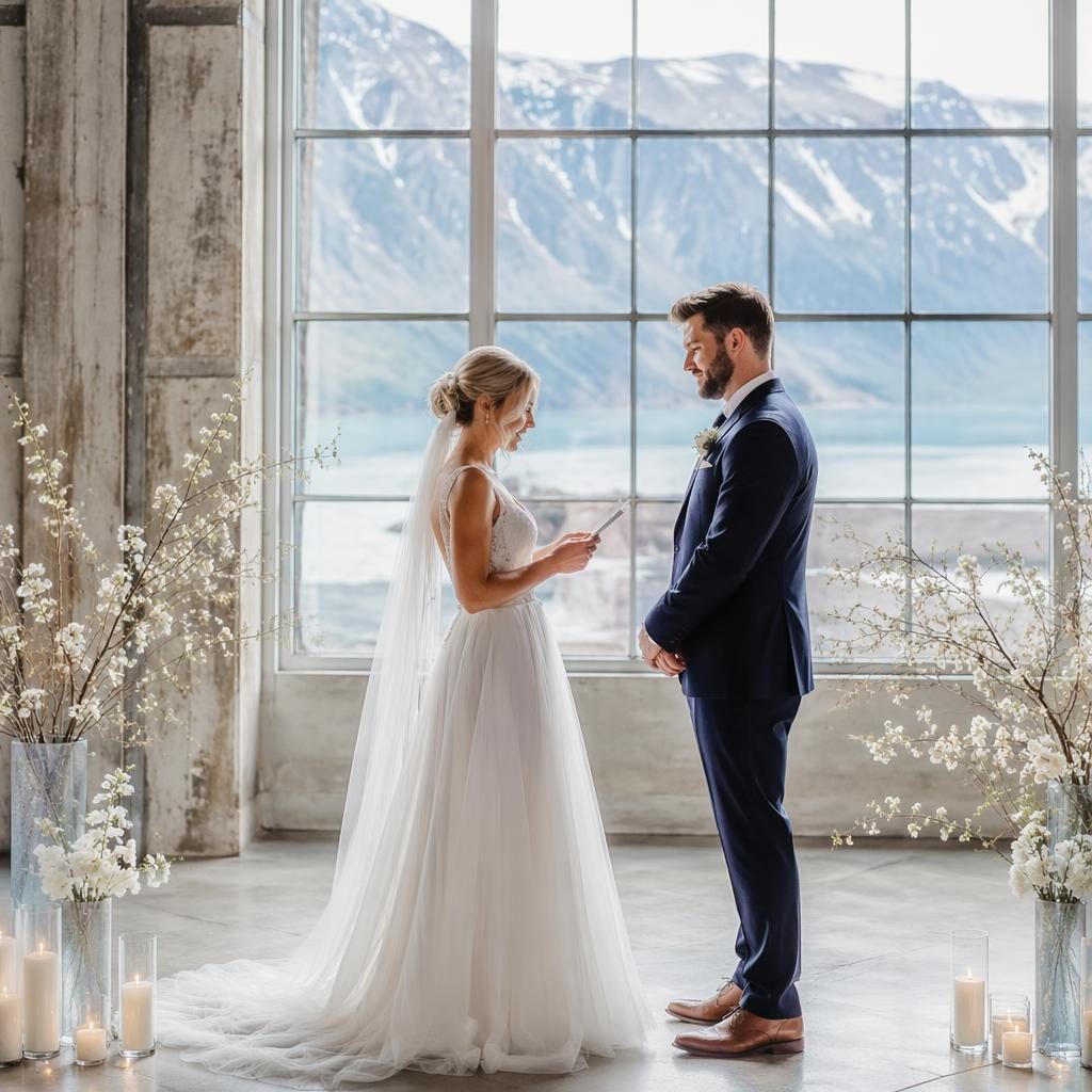 Pareja intercambiando votos en loft industrial urbano, luz natural suave y tonos hielo en boda elopement nórdica