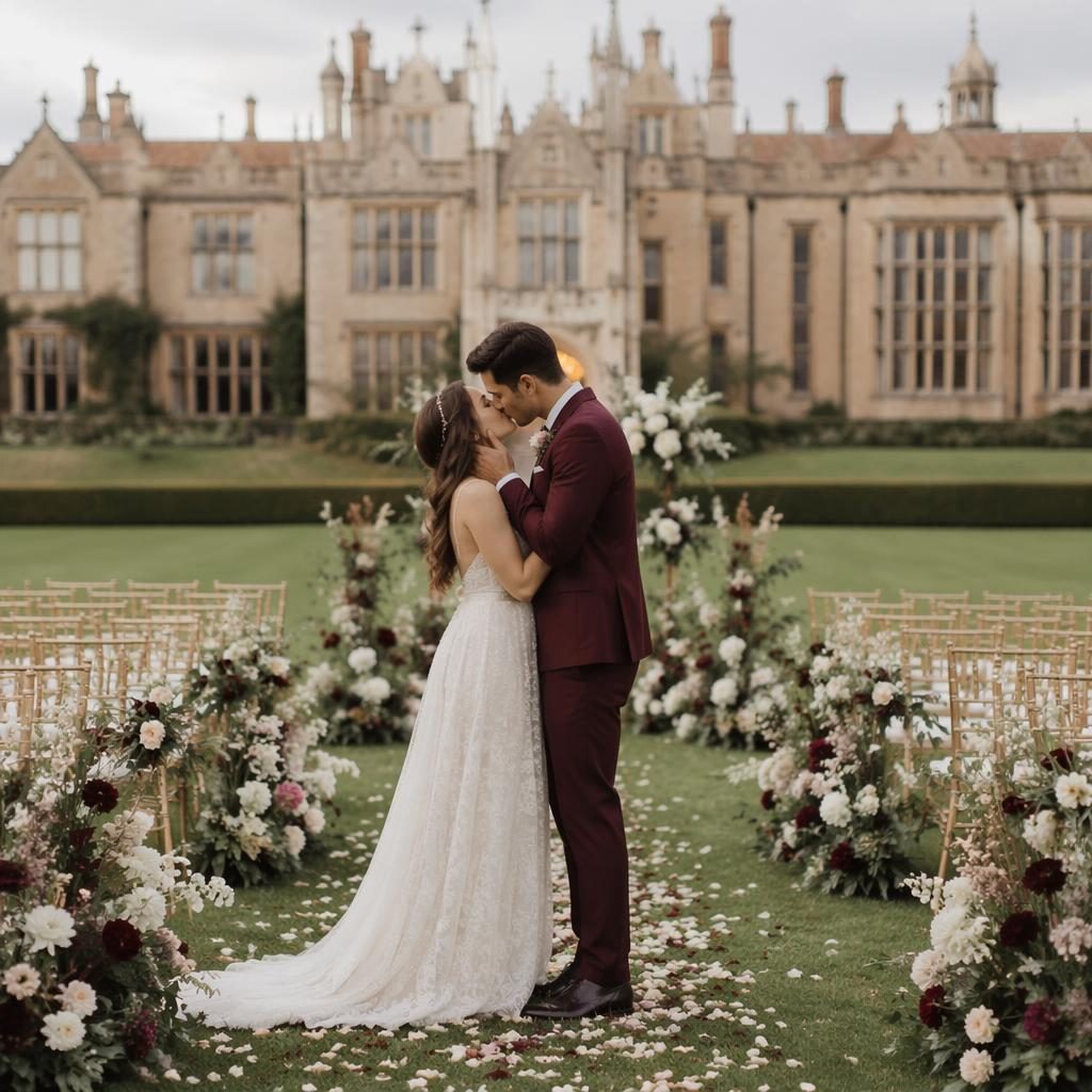 Couple sharing a first kiss on an English manor lawn ceremony setup, with soft pastel styling and burgundy gold accents.