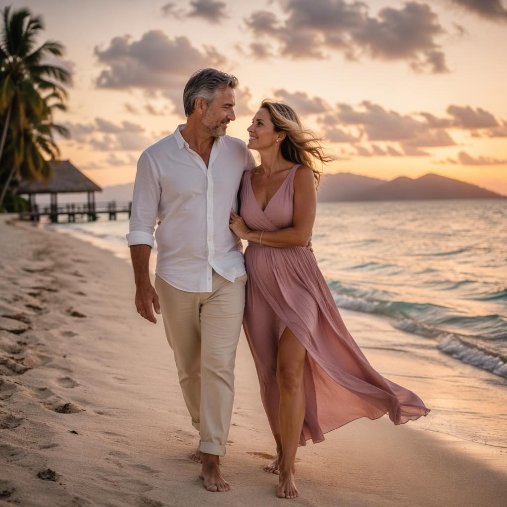 Barefoot couple at a tropical beach resort with wedding reception details, dusty rose decor, and cinematic autumn light.