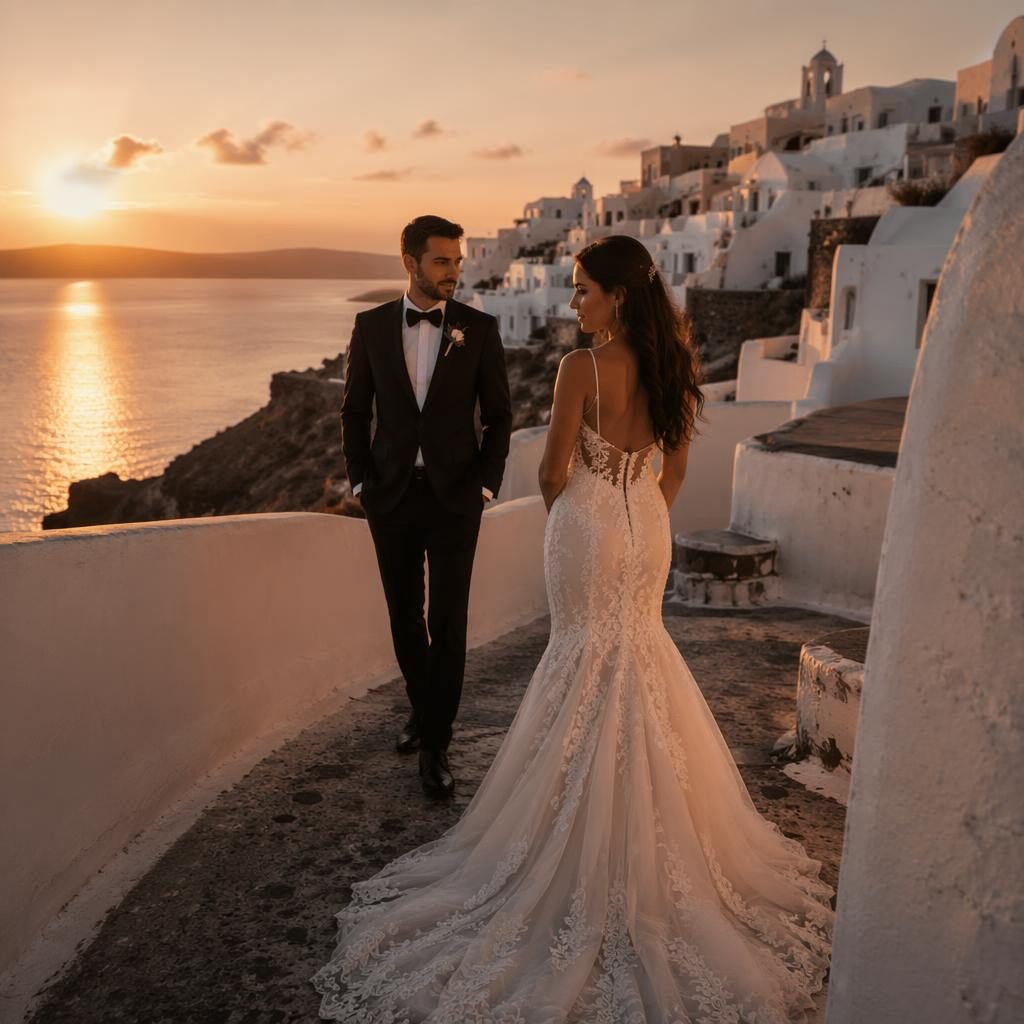 Bride and groom share a first look at a whitewashed Greek island resort during sunset with a dark, moody style.