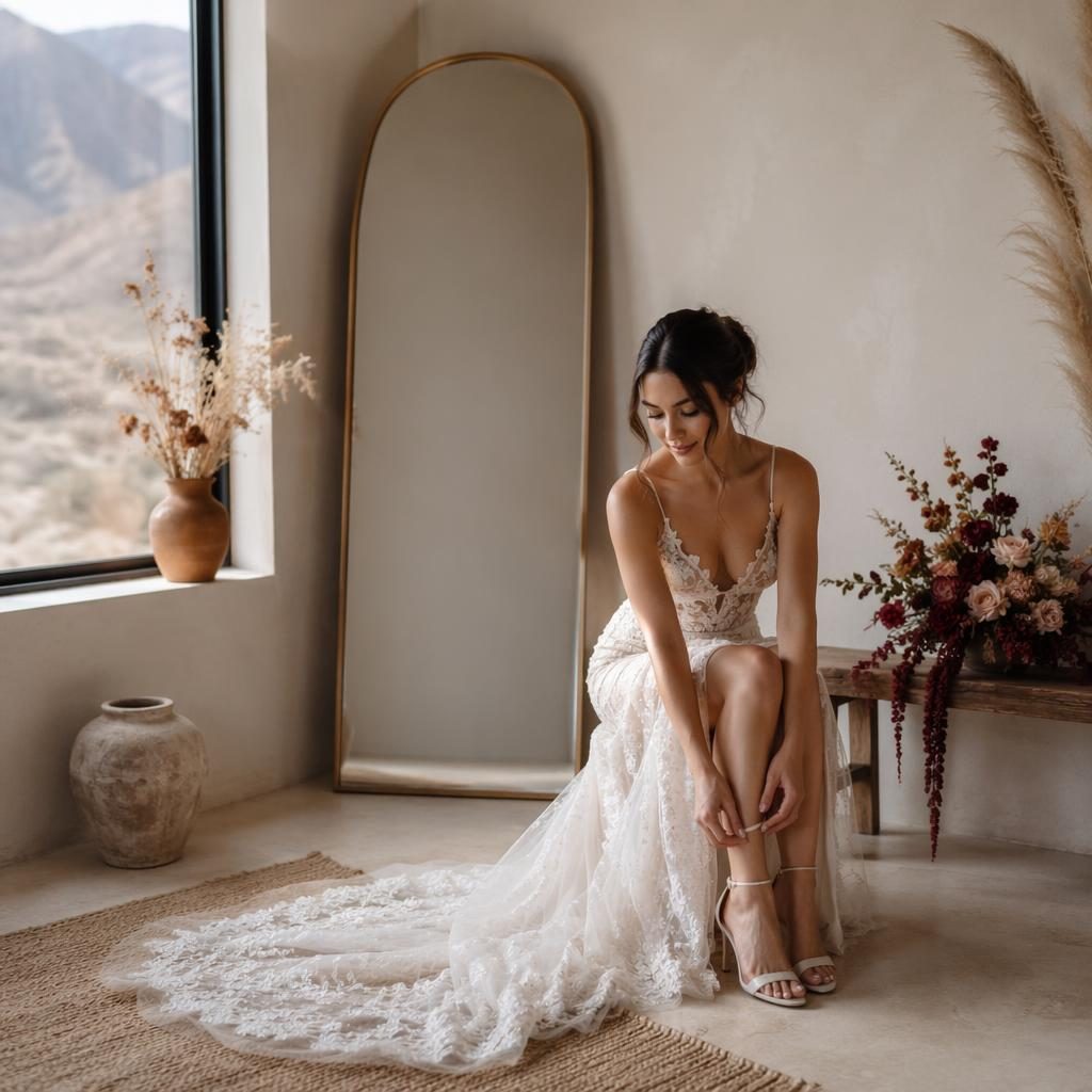 Bride getting ready by a window in a minimalist desert setting, with soft pastel light and burgundy-gold wedding details.
