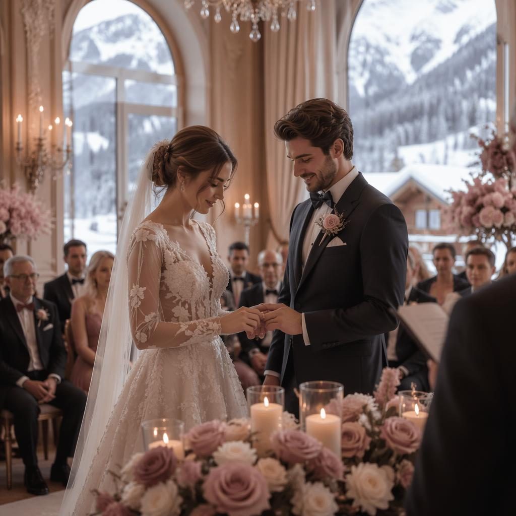 Échange des alliances lors d’un mariage dans une salle de bal élégante, ambiance hivernale, chalet alpin enneigé.