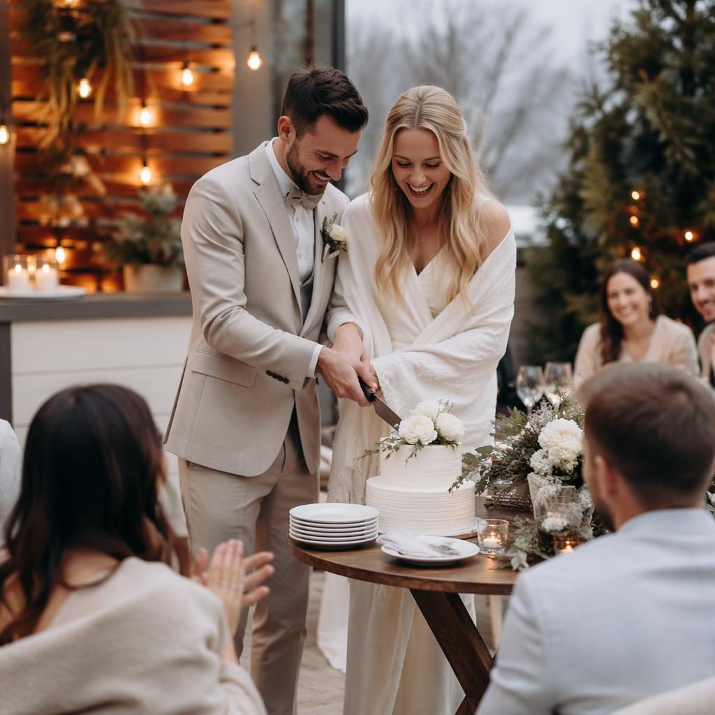 Brautpaar lacht beim Anschneiden der Hochzeitstorte im intimen winterlichen Backyard mit Blush- und Cremetönen.