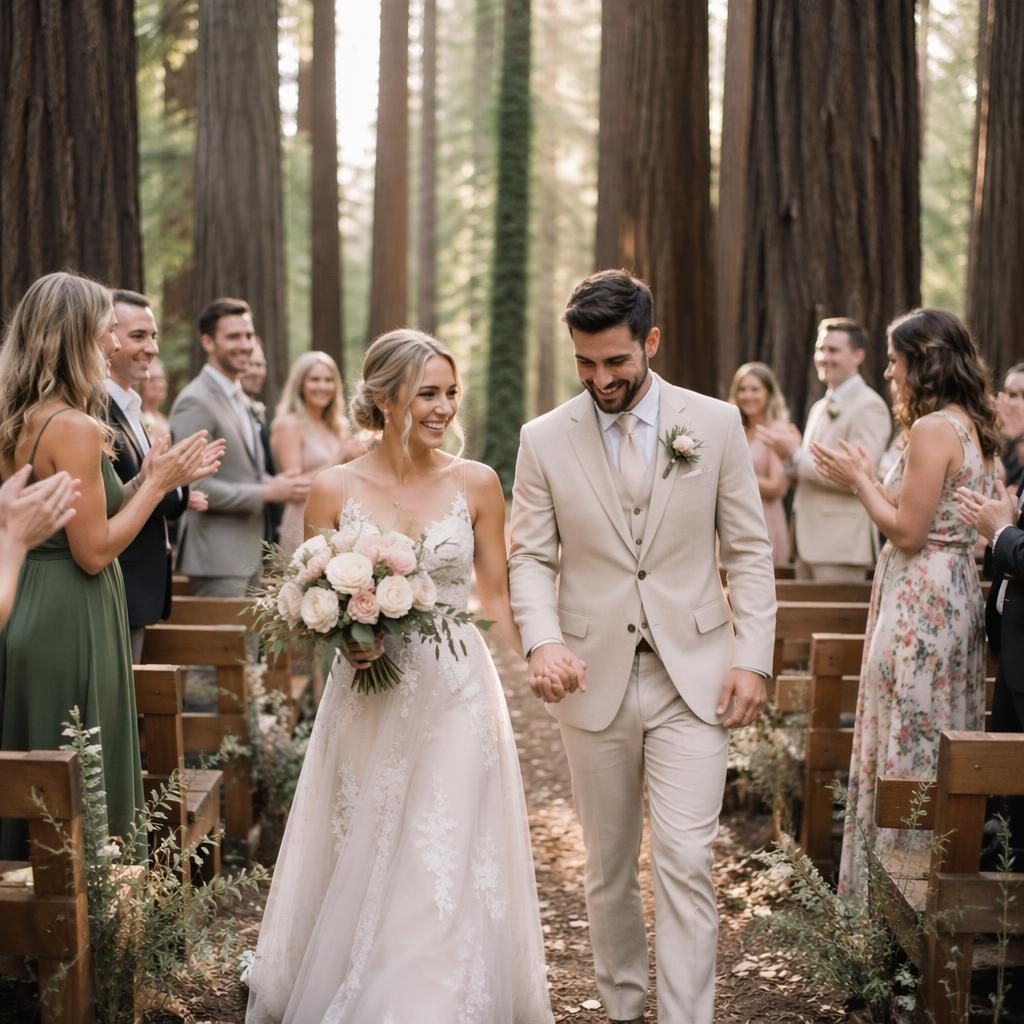 Candid wedding recessional in a redwood forest grove cathedral with blush and cream florals, natural light, vineyard style