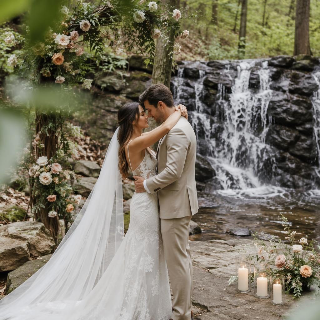 Bride getting ready near a forest waterfall altar in a bohemian backyard wedding setting with soft blush and cream tones