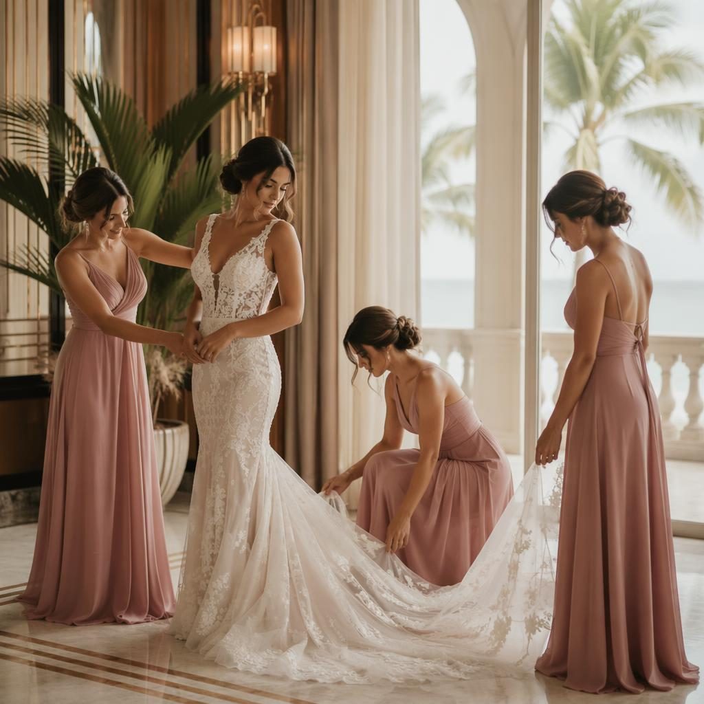 Braut beim Getting Ready in einem tropischen Resort mit Art-Déco-Ballsaal, natürlichem Licht und Dusty-Rose-Tönen.