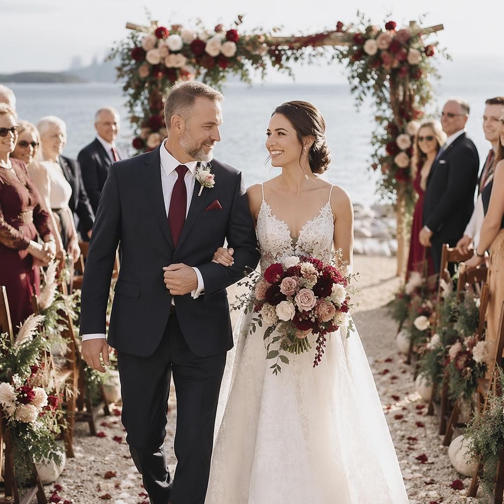 Un père accompagne la mariée dans l’allée lors d’un mariage sur la plage, lumière naturelle, tons bordeaux et or.