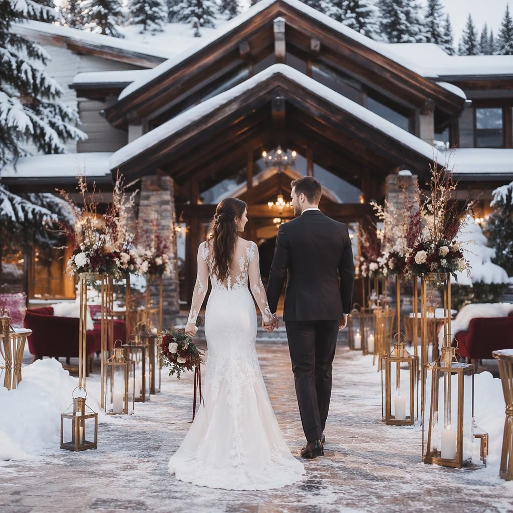 Entrada de recepción de boda en chalet alpino nevado, estilo minimalista, flores burdeos y dorado, luz natural