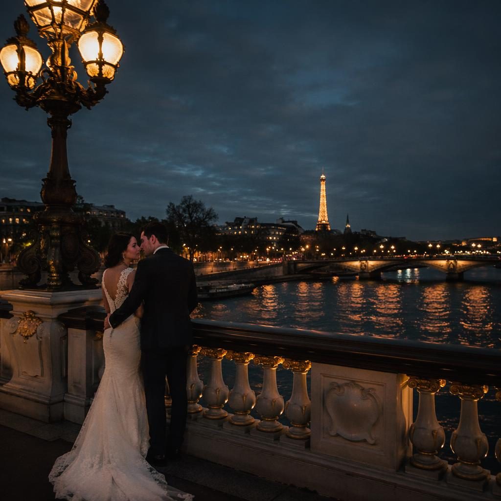 Échange d’alliances sur un pont de la Seine la nuit, ambiance mariage, lumière naturelle, tons émeraude et bronze.