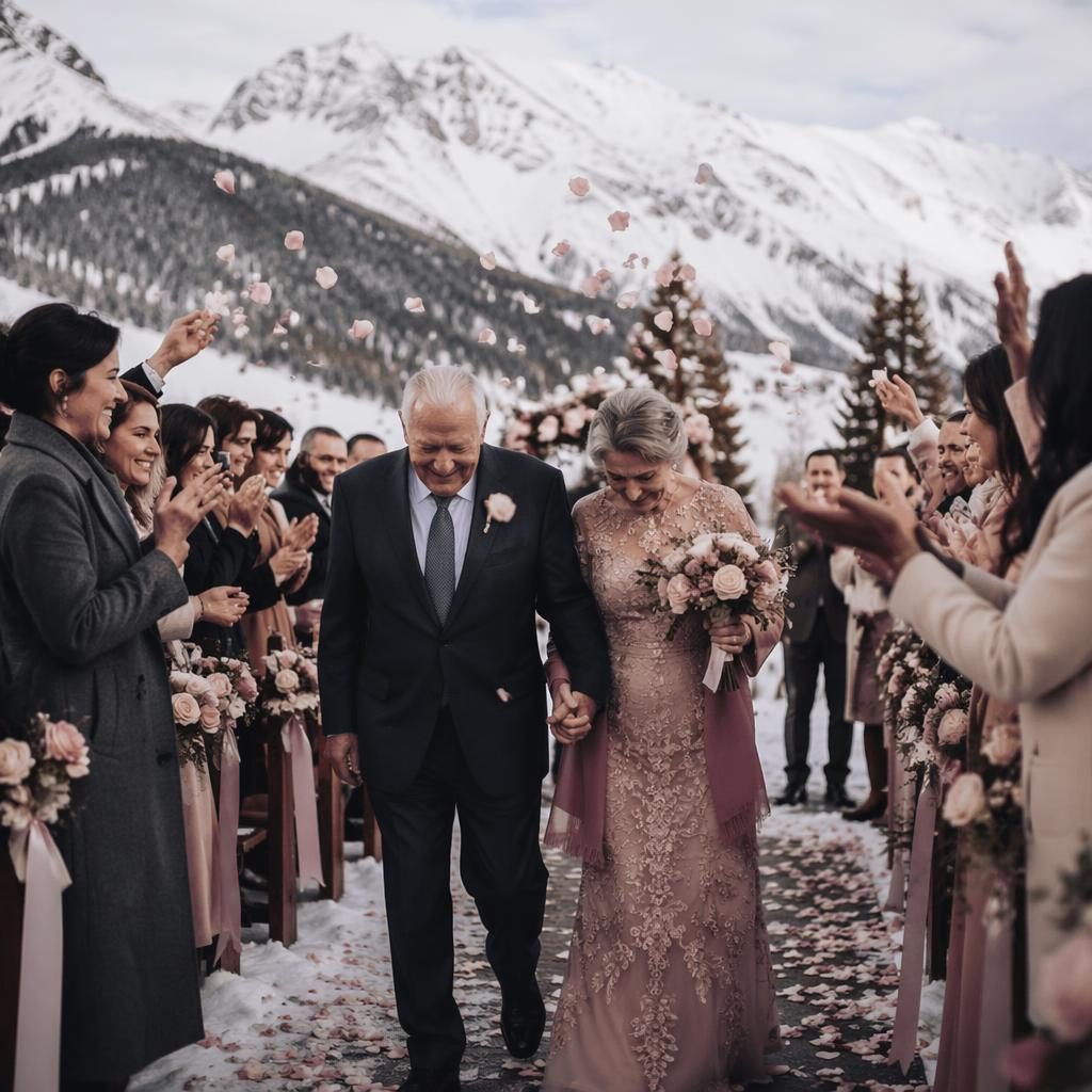Abuelos emocionados en una ceremonia de boda alpina en invierno, con montañas nevadas y tonos rosa empolvado.