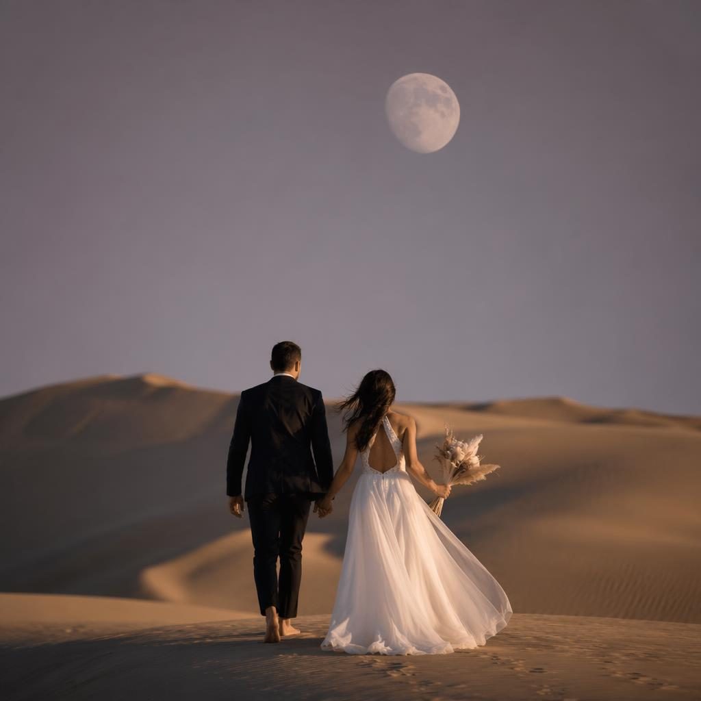 Couple marié en sortie de cérémonie dans des dunes de sable en hiver, lumière naturelle, tons blush et crème.