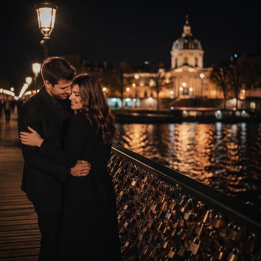 Couple on a Paris Seine bridge at night, moody warm sunset tones, elegant wedding styling, natural light look