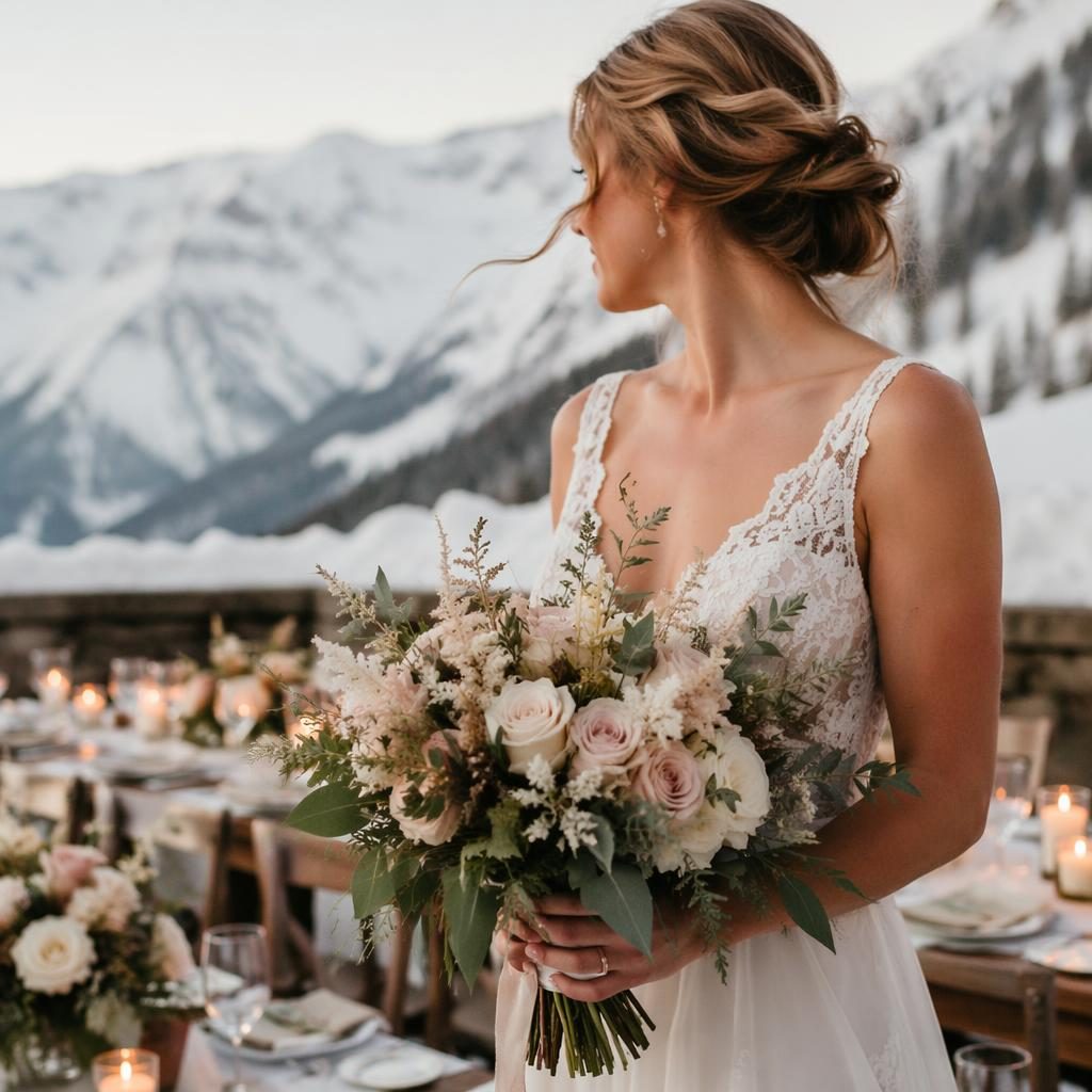 Detalles de recepción de boda con ramo de novia natural en acantilado frente al océano, invierno alpino con nieve.