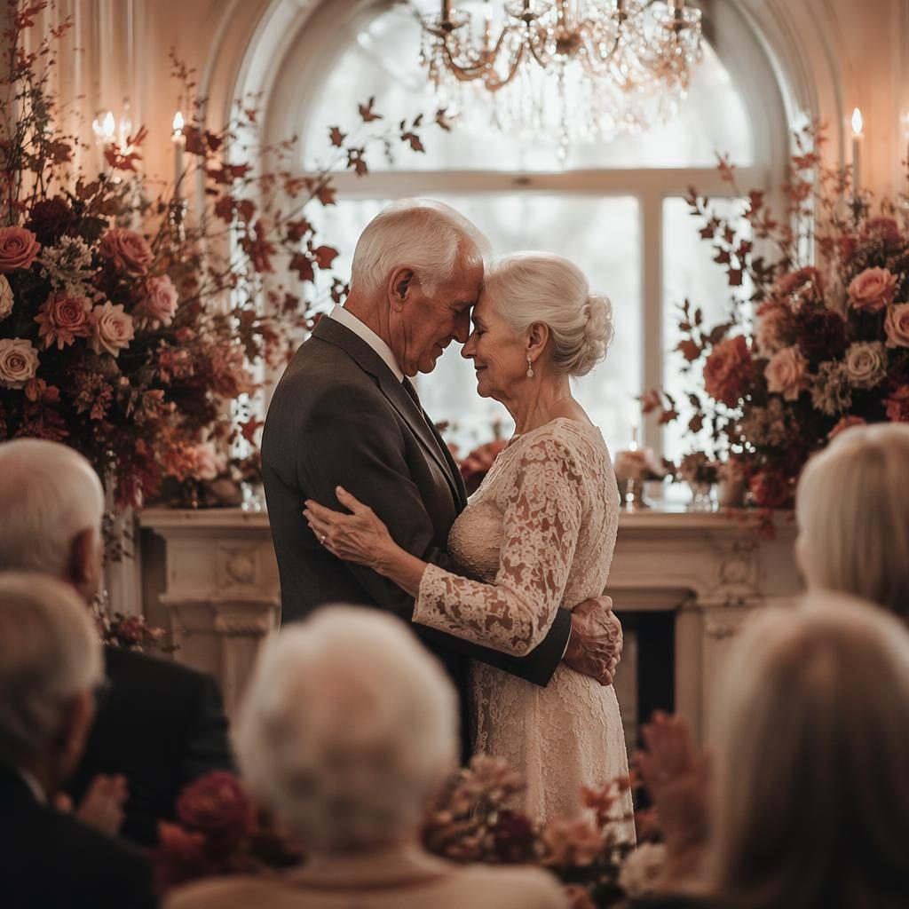 Abuelos emocionados en ceremonia de boda en salón elegante, tonos rosa empolvado y luz natural otoñal