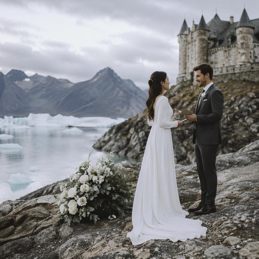 Couple exchanging vows outdoors at a château in autumn, sage and white wedding palette, natural light, timeless style.