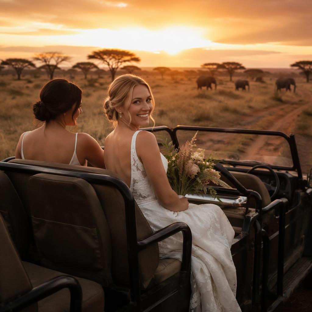 Bride getting ready at a sunset safari setting with soft blush and cream details, candid wedding photojournalism style