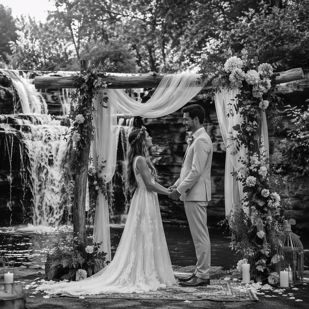 Couple échangeant ses vœux devant un autel bohème près d'une cascade en forêt, au château, photo noir et blanc