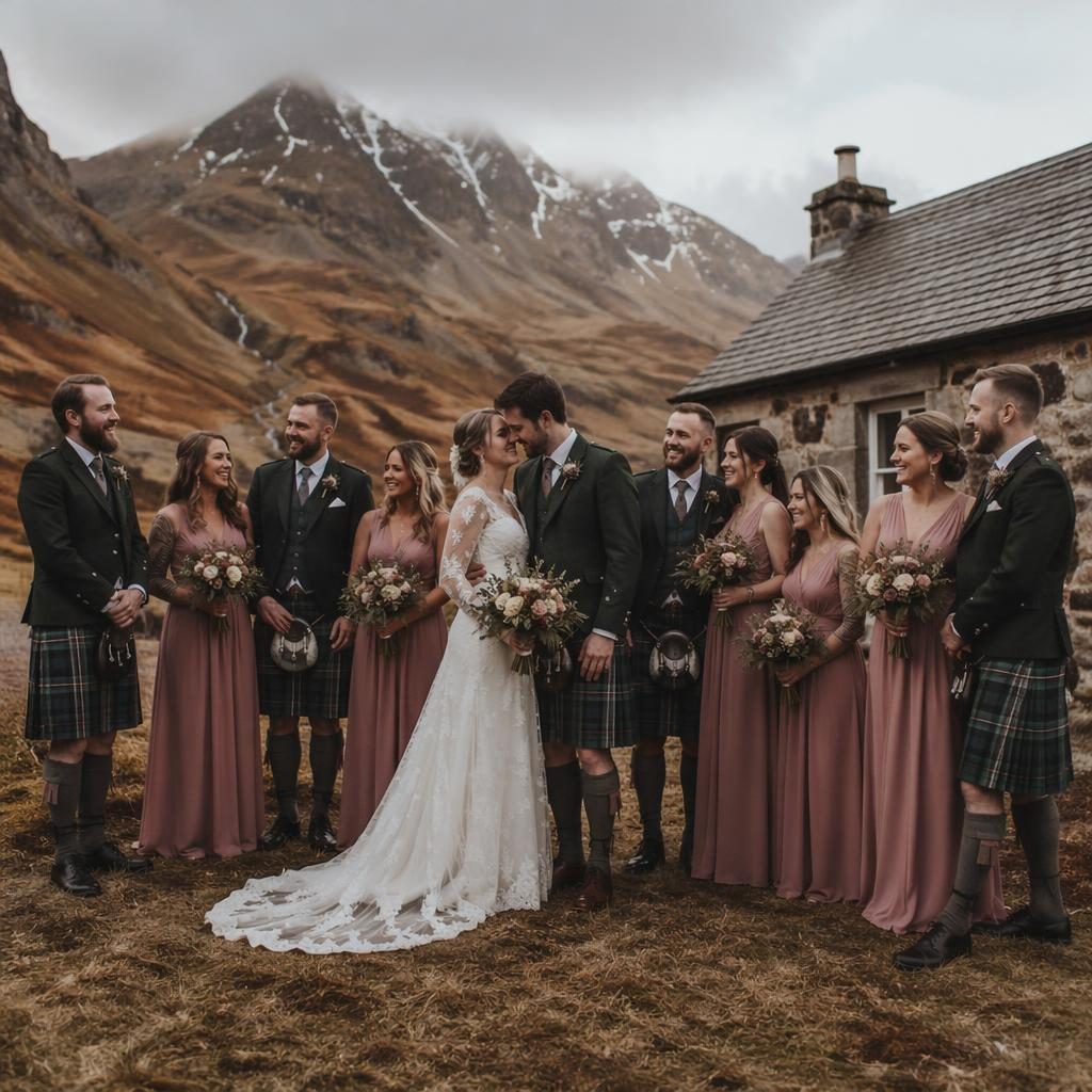 Hochzeitsgesellschaft bei Gruppenfoto in tropischem Resort, winterlich inszeniert, in dusty rose mit cineastischem Licht