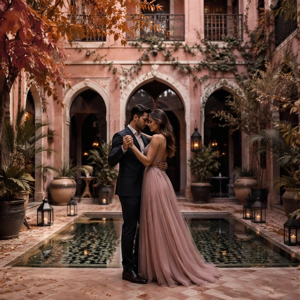 Pareja en su preboda bailando en un patio de riad marroquí con palmeras, luz natural y tonos rosa empolvado.