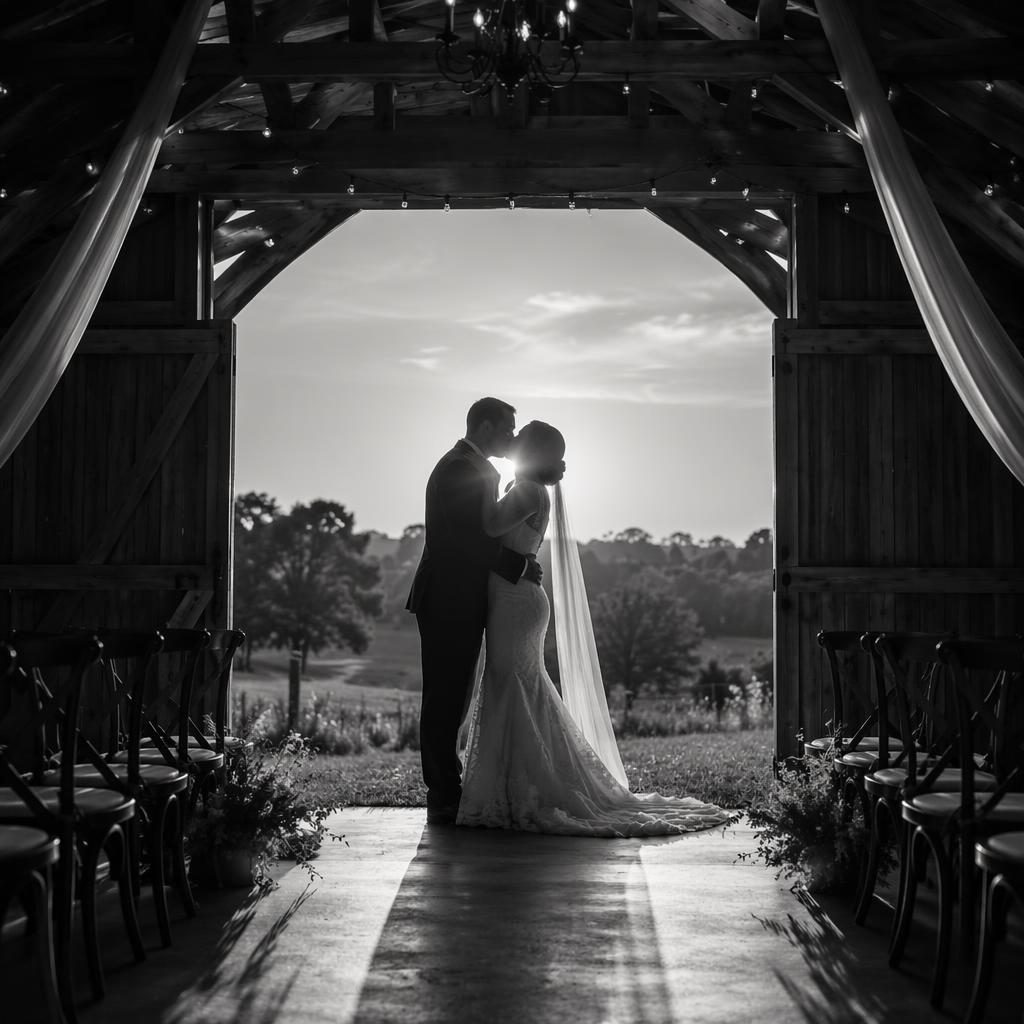 Black and white wedding photo of a couple sharing a first kiss in silhouette at sunset outside a rustic barn.
