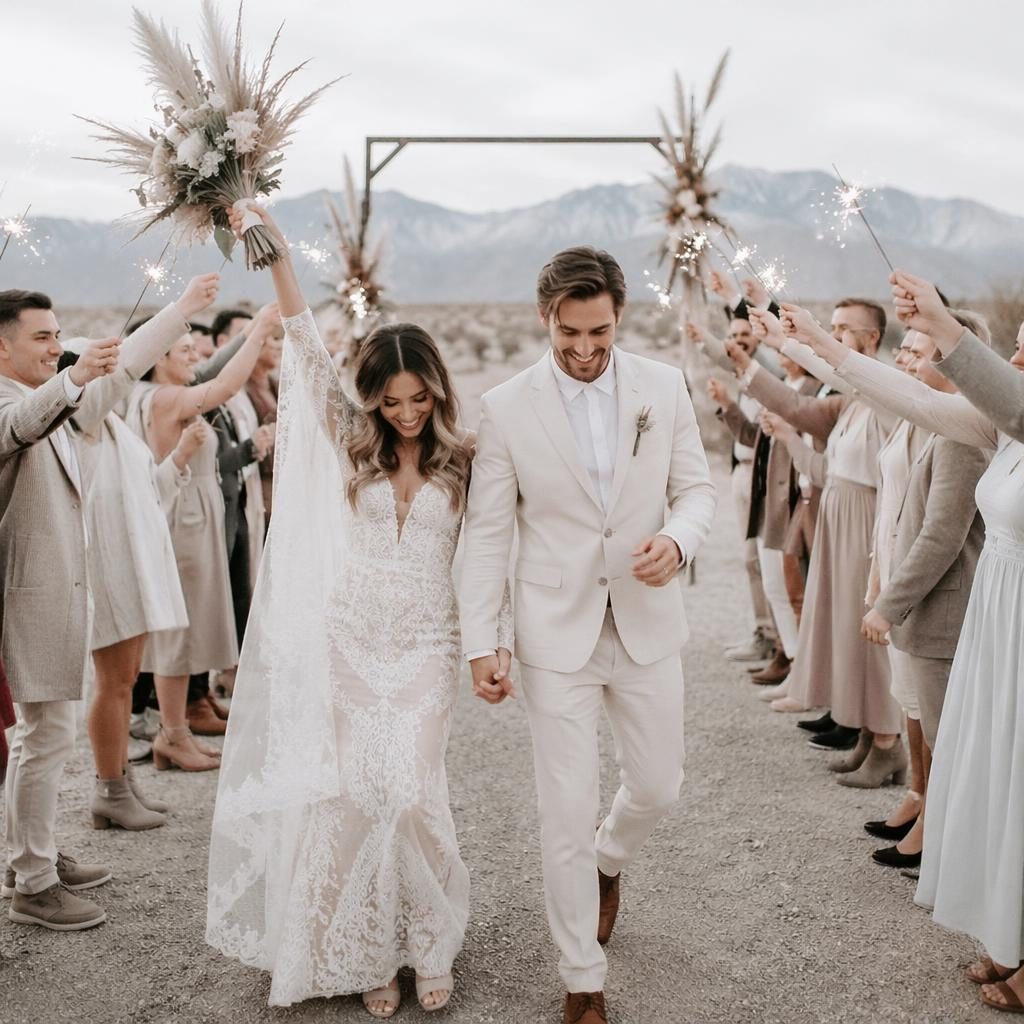 Bride and groom exit with sparklers in a minimalist winter desert setting with pampas grass and airy ice-tone styling.