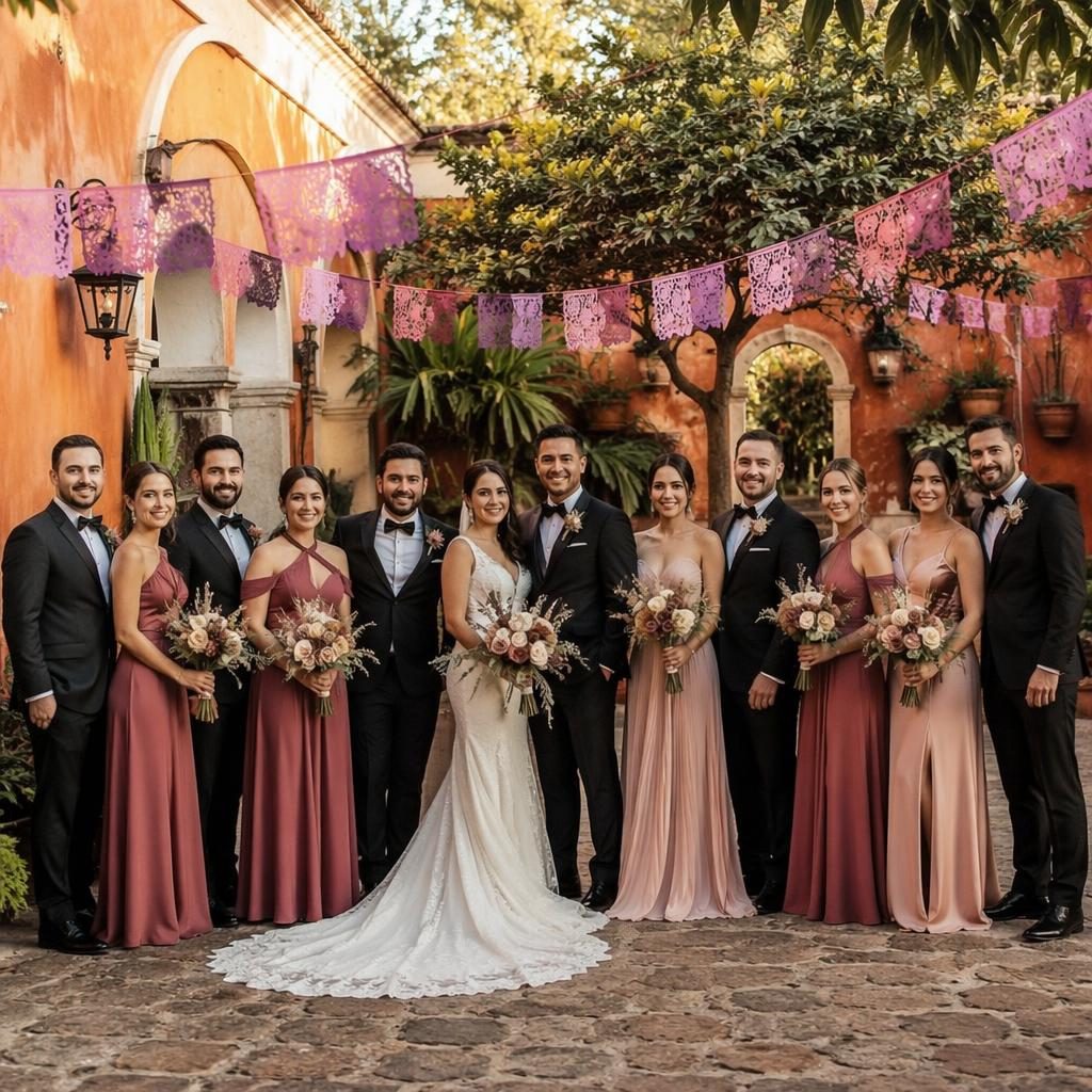 Grupo de boda en resort tropical con estética de hacienda mexicana, papel picado y tonos rosa empolvado.