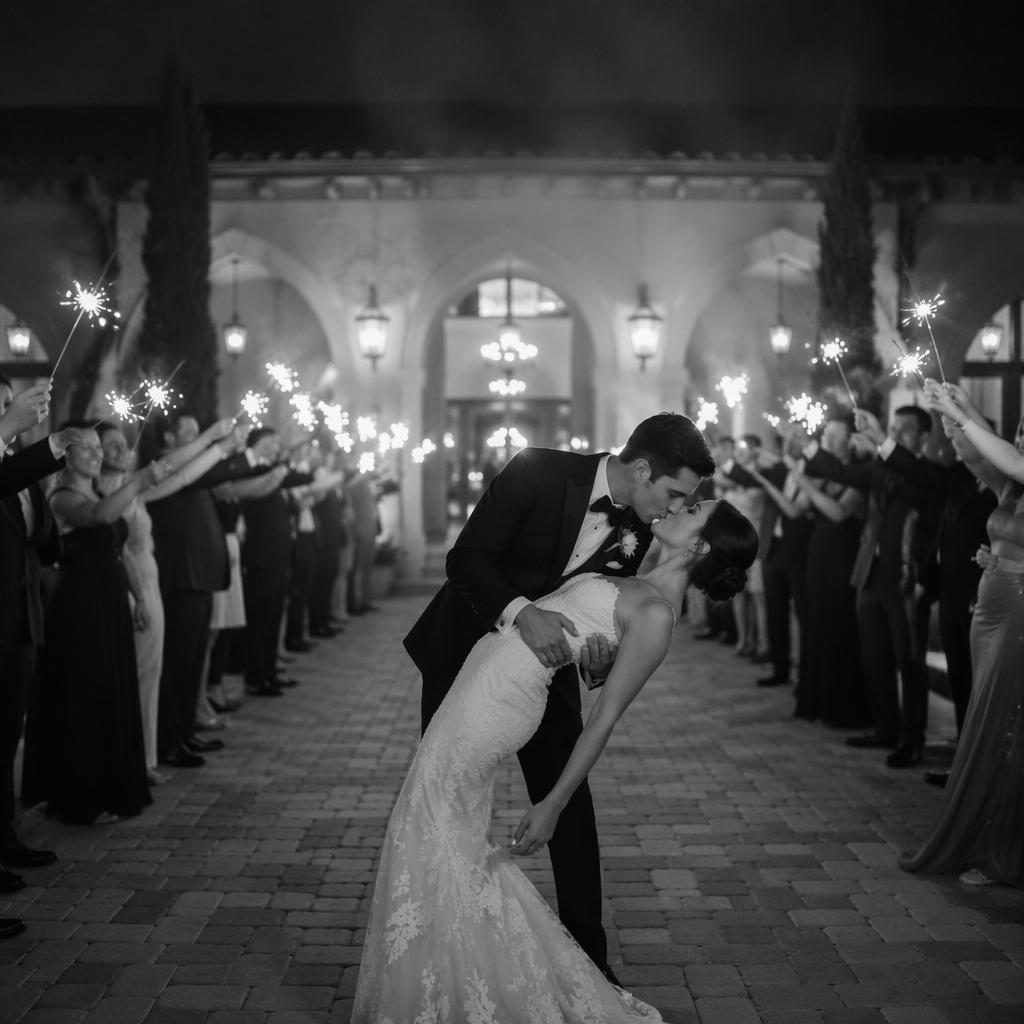 Black and white editorial wedding photo of a groom outdoors at night during a sparkler send-off in a garden venue.