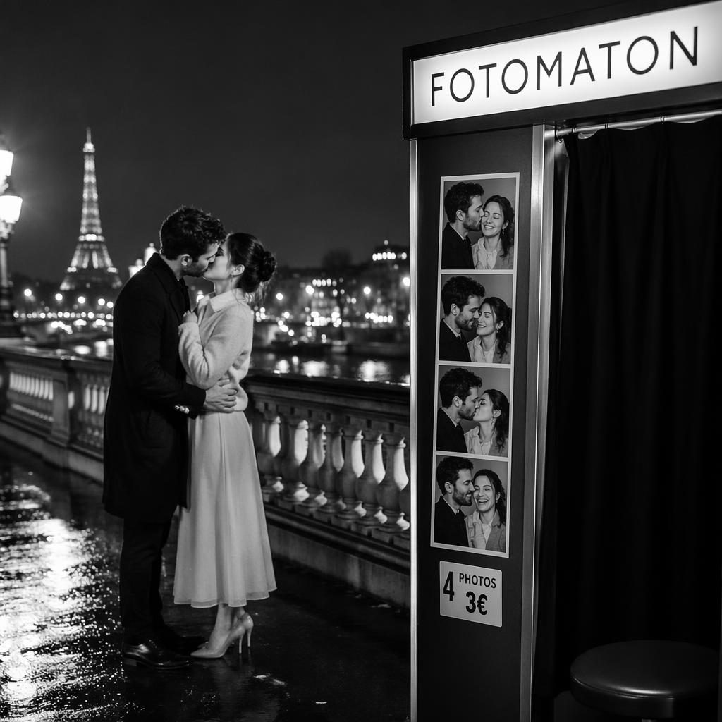 Pareja de novios se besa en un puente del Sena de noche, estilo editorial en blanco y negro, con aire de castillo.