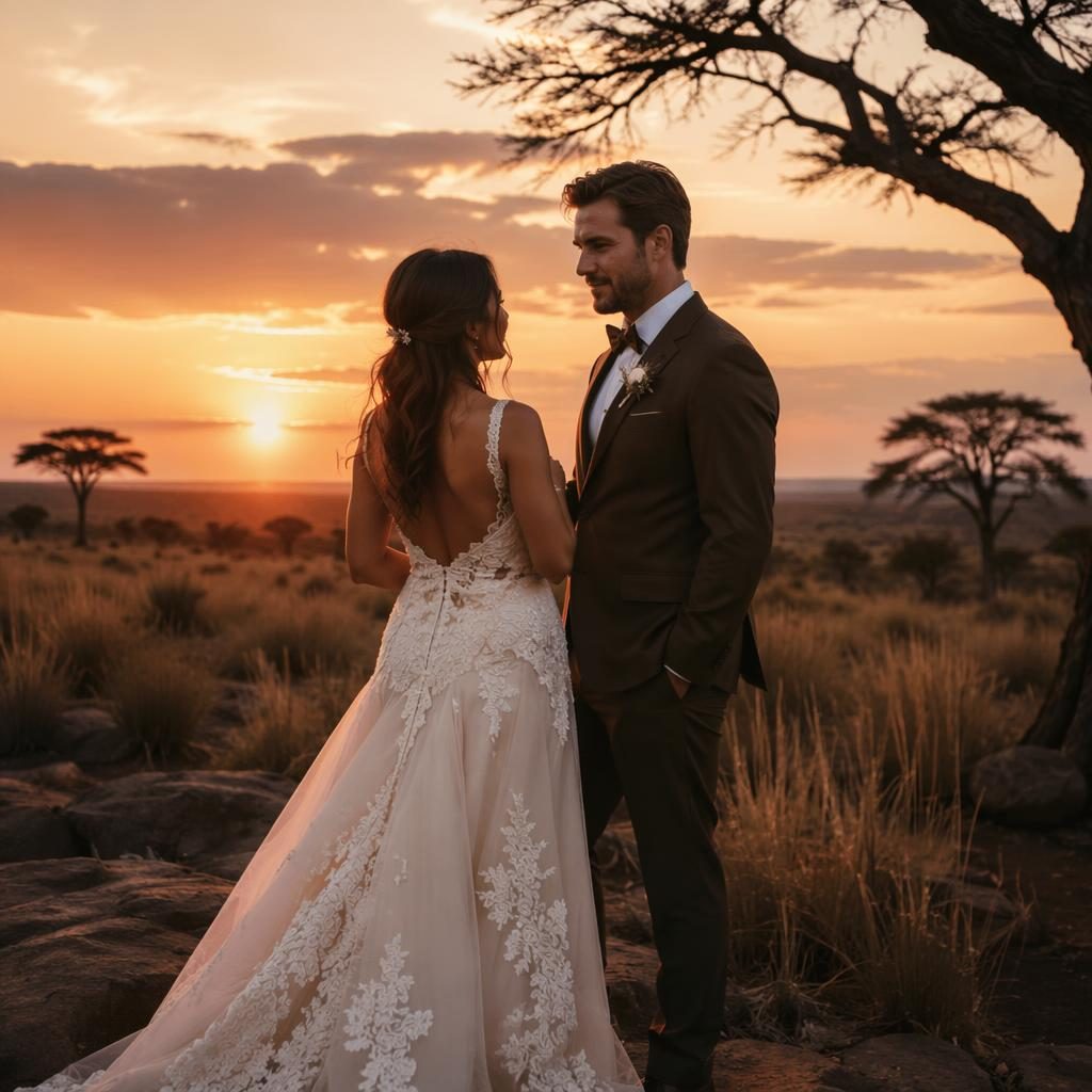 Brautpaar beim First Look in der afrikanischen Savanne bei Sonnenuntergang, mit staubig-rosener Farbpalette