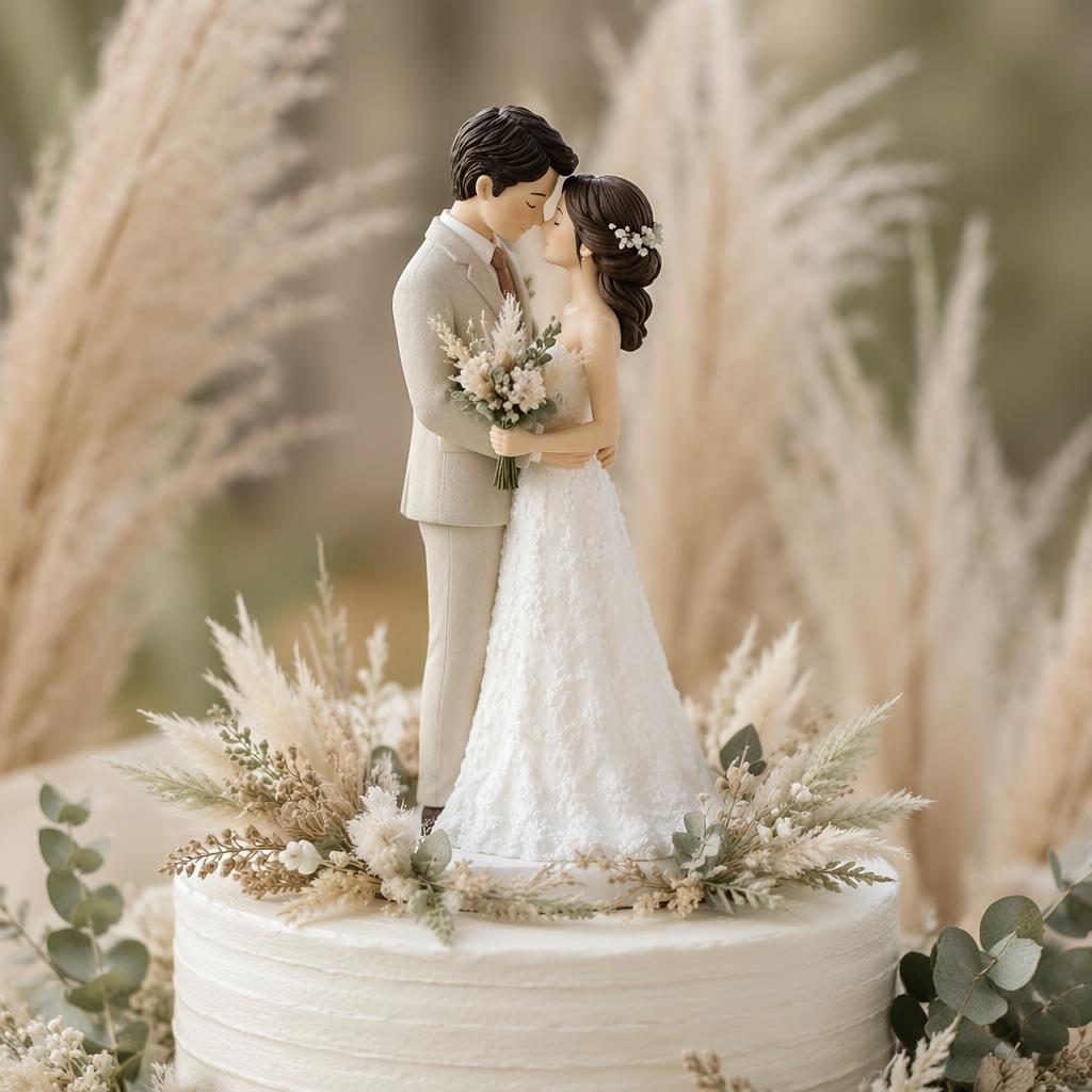 Pareja genérica intercambia votos en jardín botánico otoñal con pampas boho, tonos salvia y blanco, luz natural.